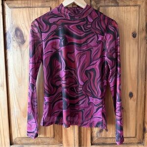 NWOT Suzy Shier Sheer Mock Neck Mod Psychedelic Red Pink Black Long Sleeves -Med
